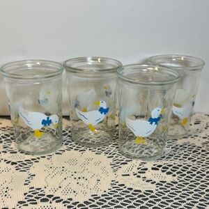 Vintage Set x4 BAMA Jelly Jars Set of Juice Glasses with Duck Design w/Blue Bow